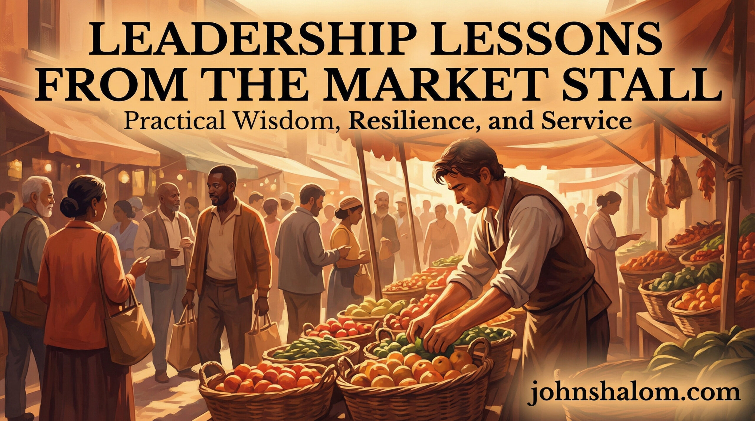 A busy market scene with a vendor arranging goods at a stall, symbolizing the practical leadership lessons found in everyday commerce. The image reflects resilience, service, and hands-on wisdom.