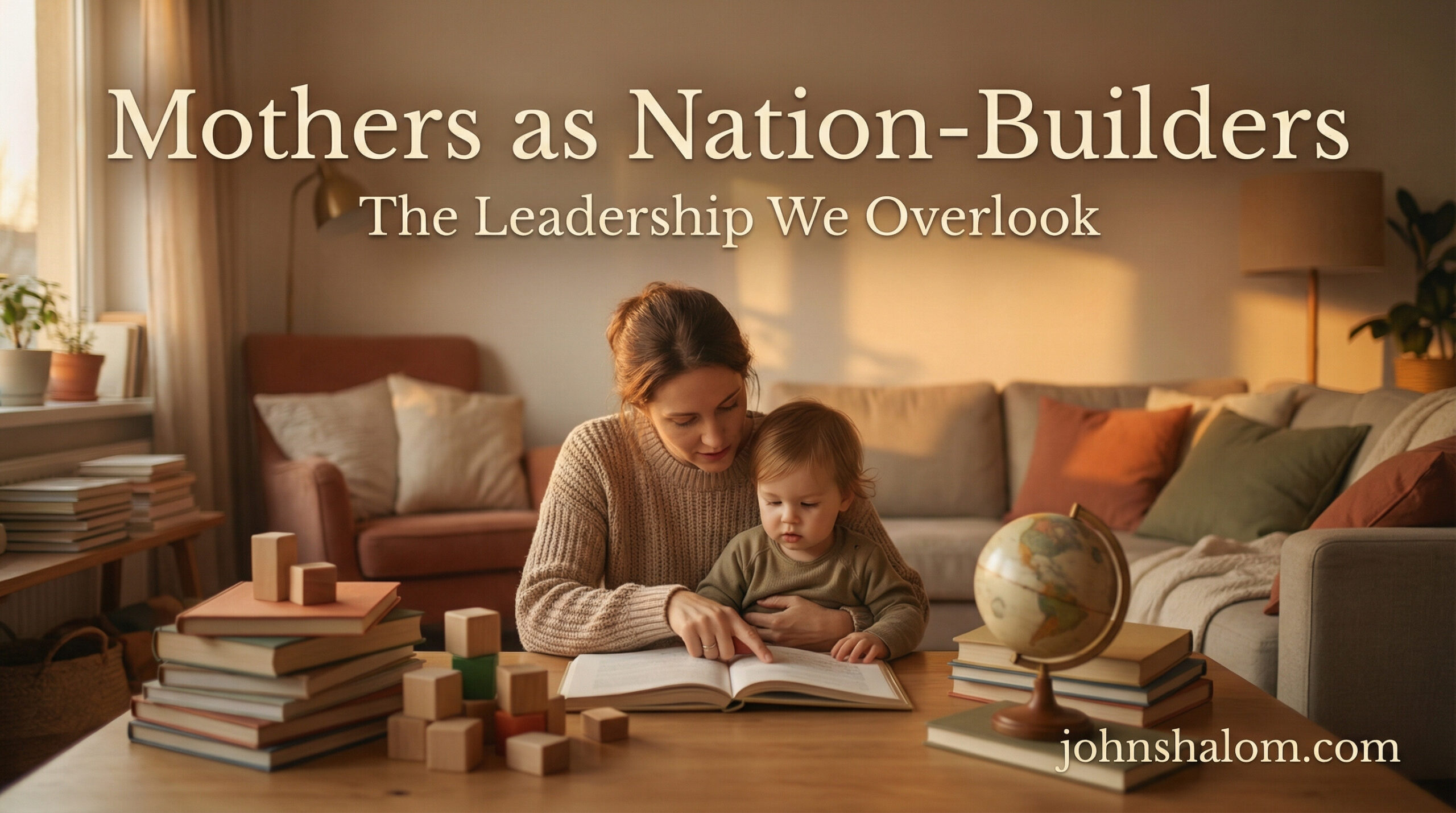 A warm home-centered scene with a mother guiding her child, surrounded by simple learning materials and soft lighting, symbolizing the overlooked leadership role mothers play in building nations. The image reflects nurture, strength, and generational influence.