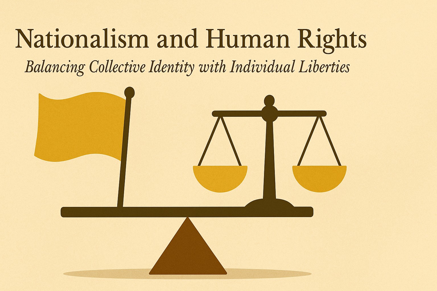 A scale balancing a national flag on one side and a human rights document on the other