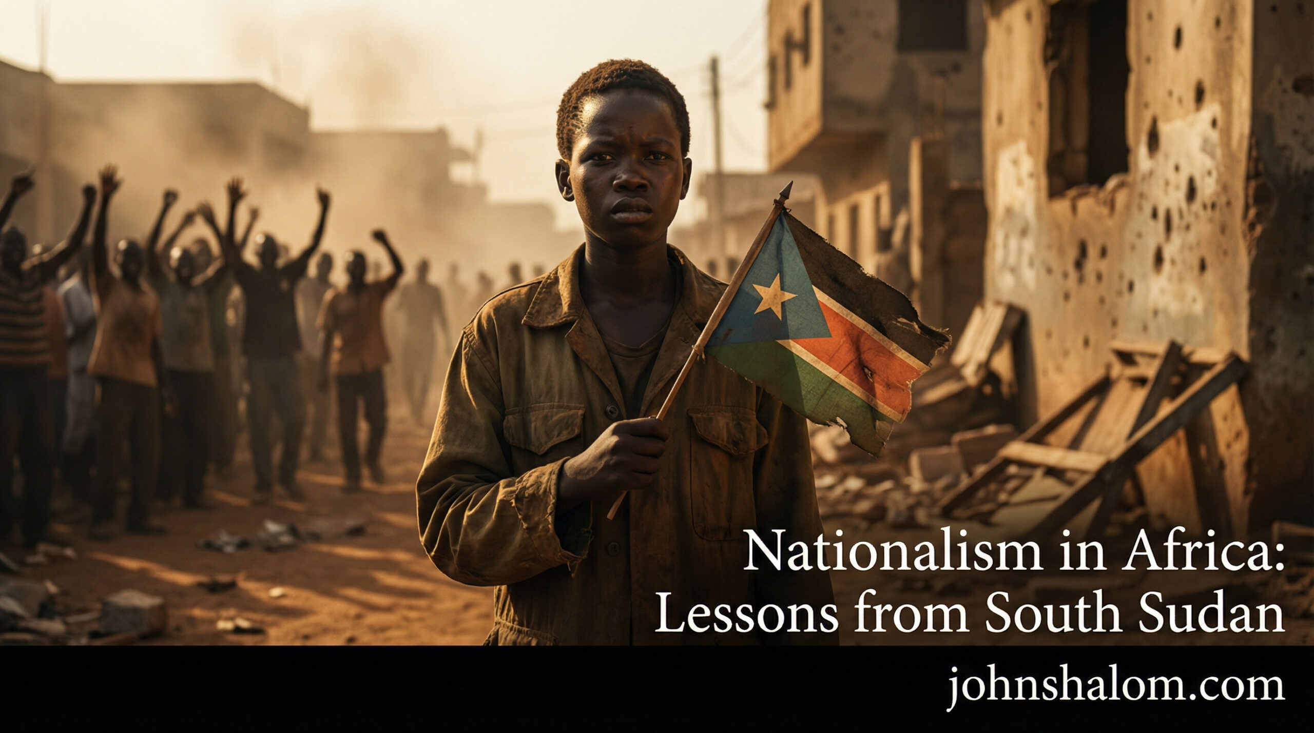 A young African person holds a small flag while standing between a cheering crowd and a damaged street, showing pride mixed with hardship.