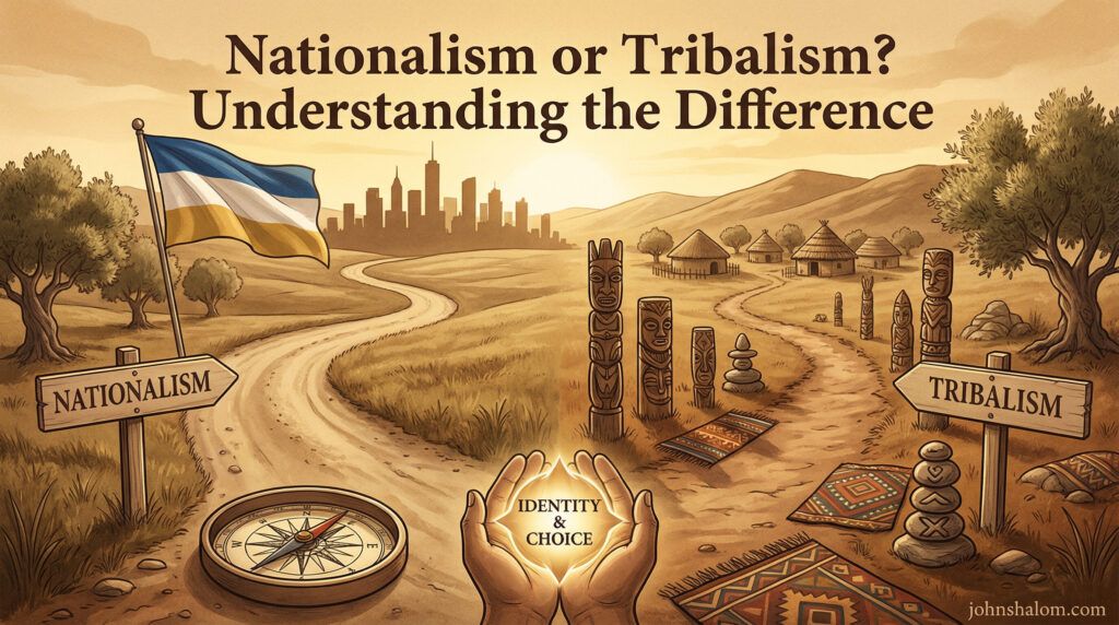 A symbolic scene with two distinct paths, one marked by a national flag and the other by tribal symbols, representing the tension and difference between nationalism and tribalism. The image reflects identity, choice, and collective responsibility.