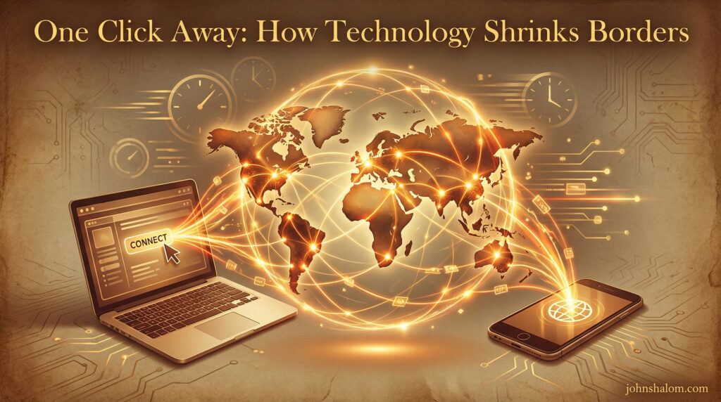 A digital scene with a laptop, smartphone, and a glowing world map connected by bright lines, symbolizing how technology reduces distance and brings people across borders closer together. The image reflects connection, speed, and global access.
