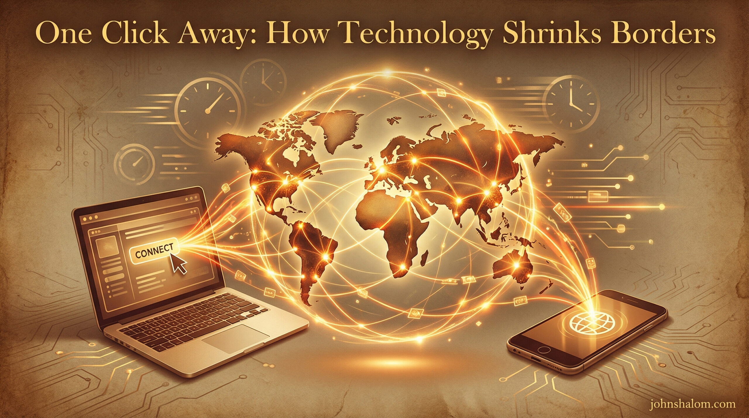 A digital scene with a laptop, smartphone, and a glowing world map connected by bright lines, symbolizing how technology reduces distance and brings people across borders closer together. The image reflects connection, speed, and global access.