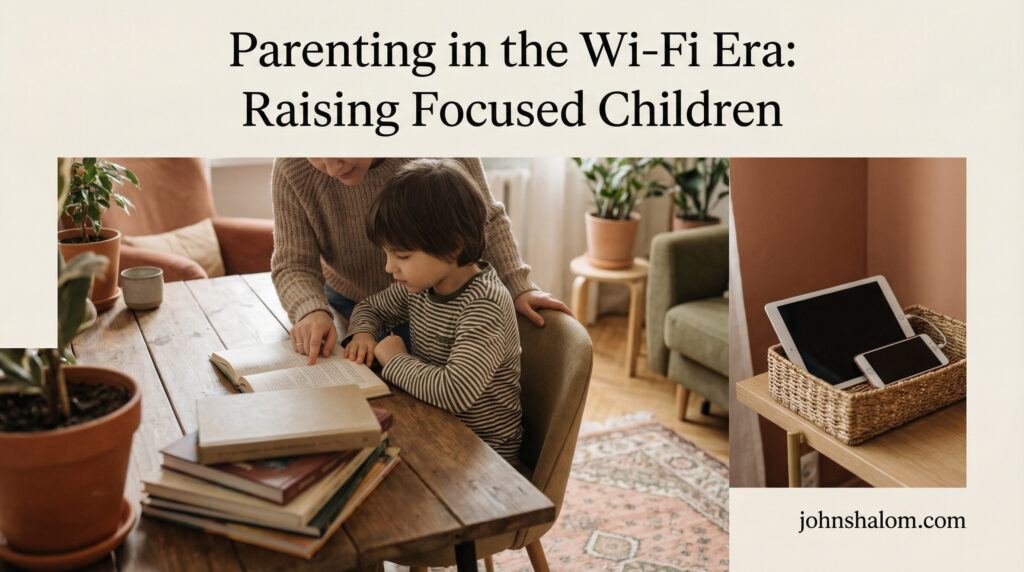 A calm home scene with a parent guiding a child at a simple desk, digital devices set aside, and books in focus, symbolizing parenting in the Wi-Fi era and the effort to raise focused children. The image reflects guidance, balance, and intentional presence.