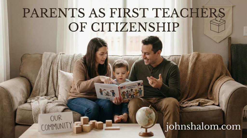 A family home scene with parents guiding a child in conversation and learning, symbolizing parents as the first teachers of citizenship and civic responsibility. The image reflects guidance, example, and early formation.