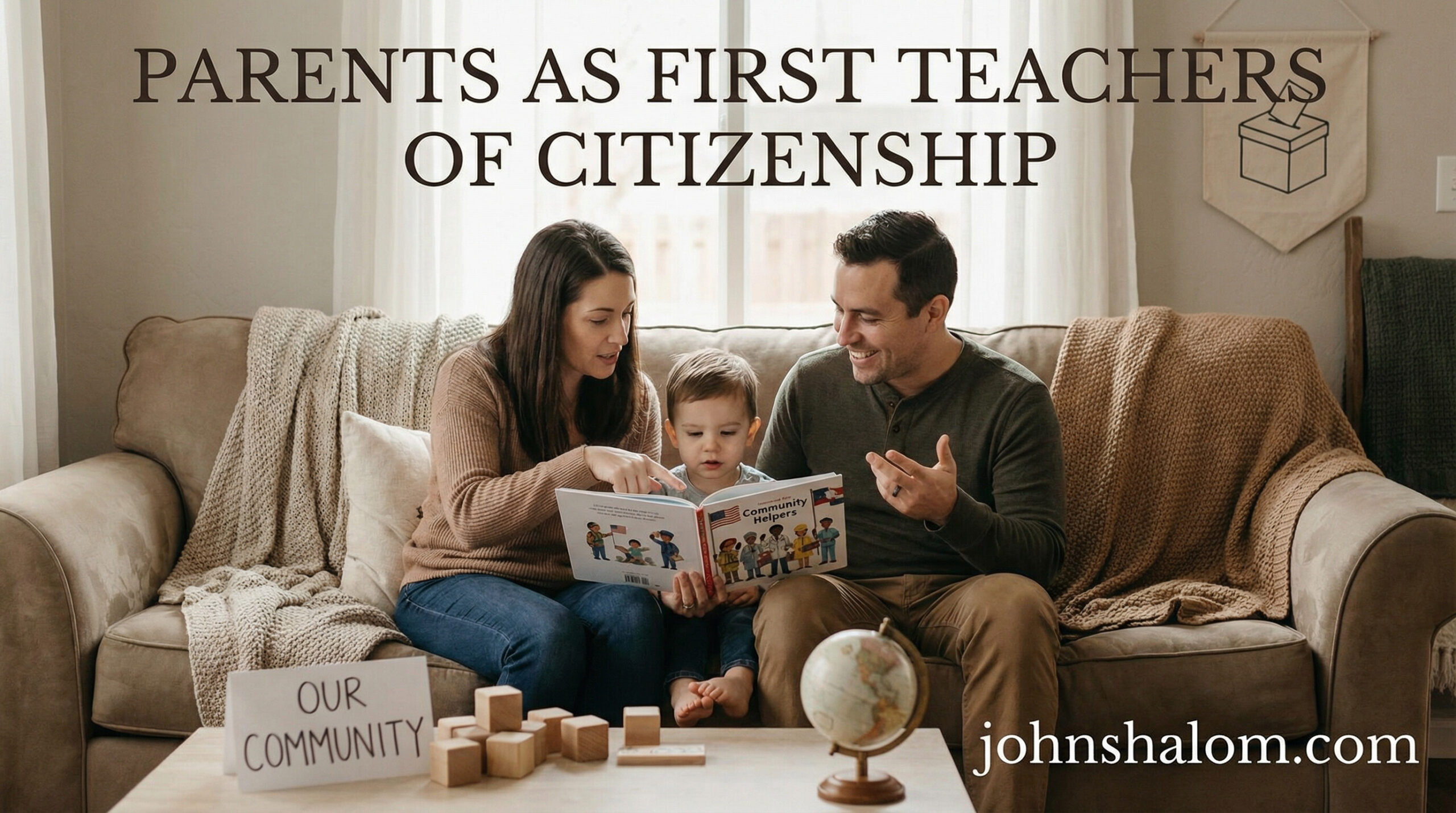 A family home scene with parents guiding a child in conversation and learning, symbolizing parents as the first teachers of citizenship and civic responsibility. The image reflects guidance, example, and early formation.