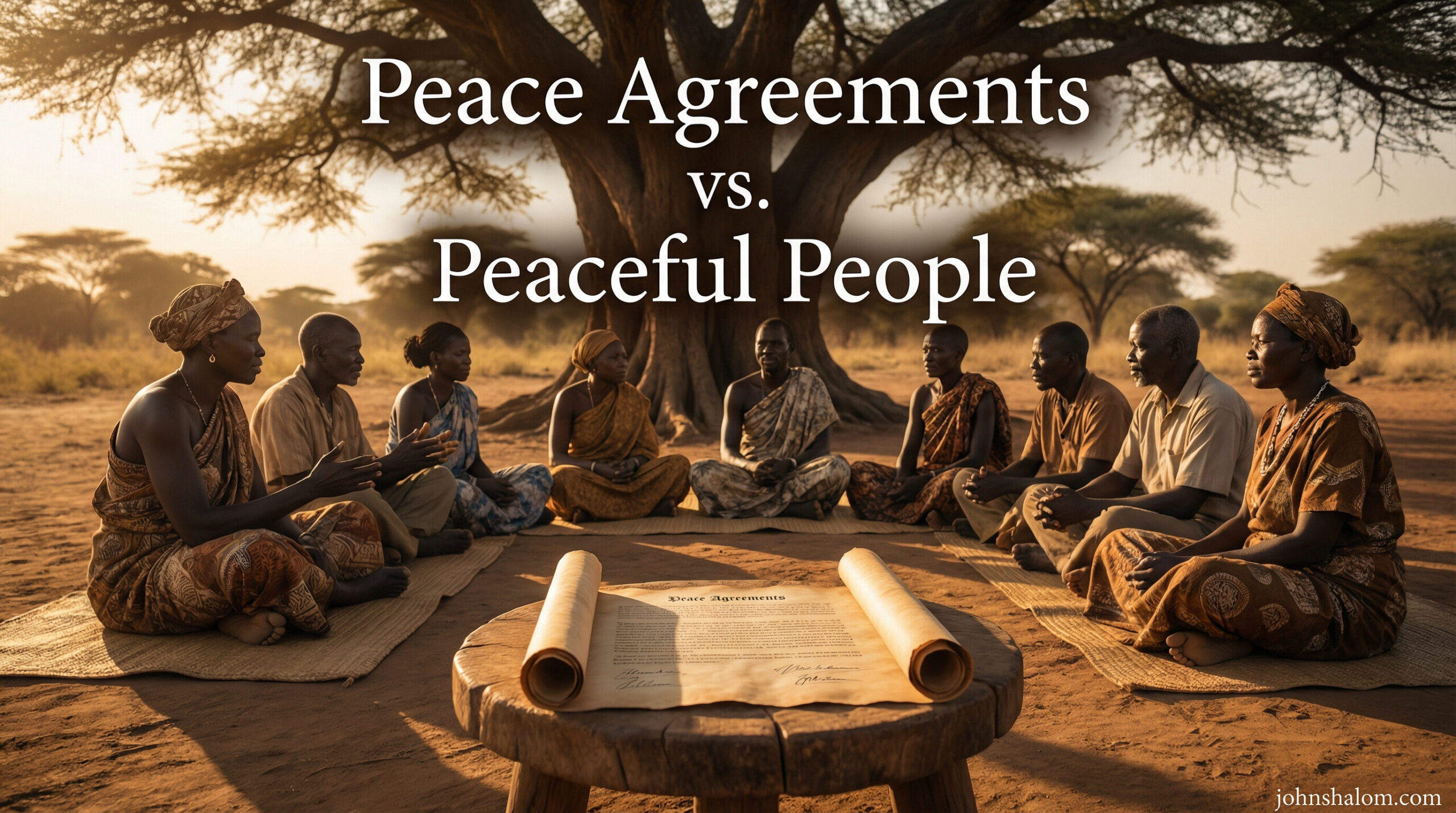 Community members sit in a circle under a tree, listening and speaking calmly while a signed document rests on a small table nearby.