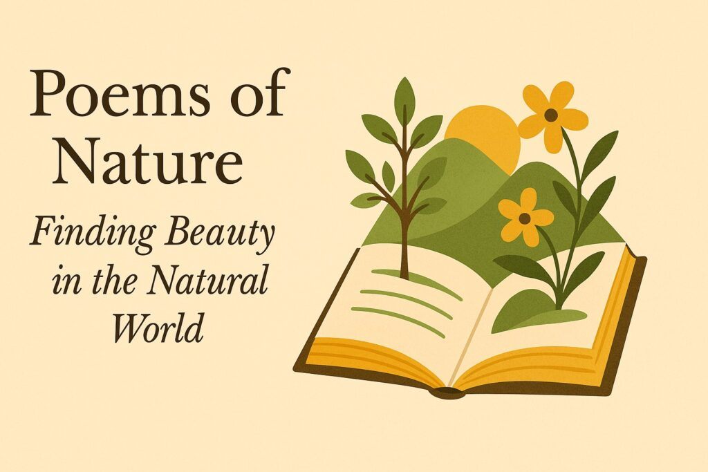 An open poetry book placed on green grass with flowers and sunlight around it