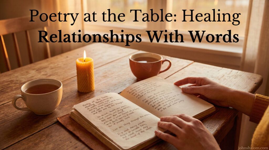 A warm dining table scene with a notebook of handwritten poetry, shared cups, and gentle evening light, symbolizing how words spoken and written at the table can heal relationships. The image reflects presence, care, and honest communication.