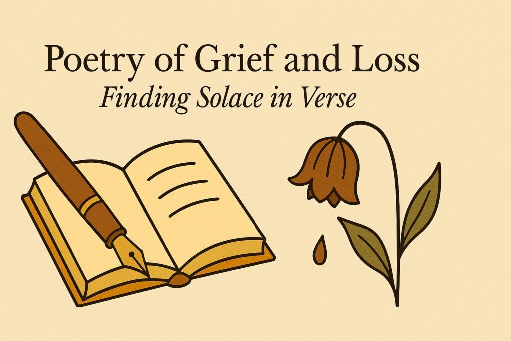 An open poetry book beside a lit candle and wilted flowers symbolizing grief and remembrance