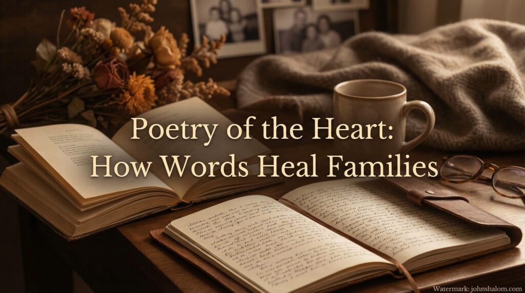 A warm, intimate writing space with an open poetry book, a notebook of handwritten verses, and soft light, symbolizing how heartfelt words can bring healing to families. The image reflects emotion, connection, and gentle restoration.