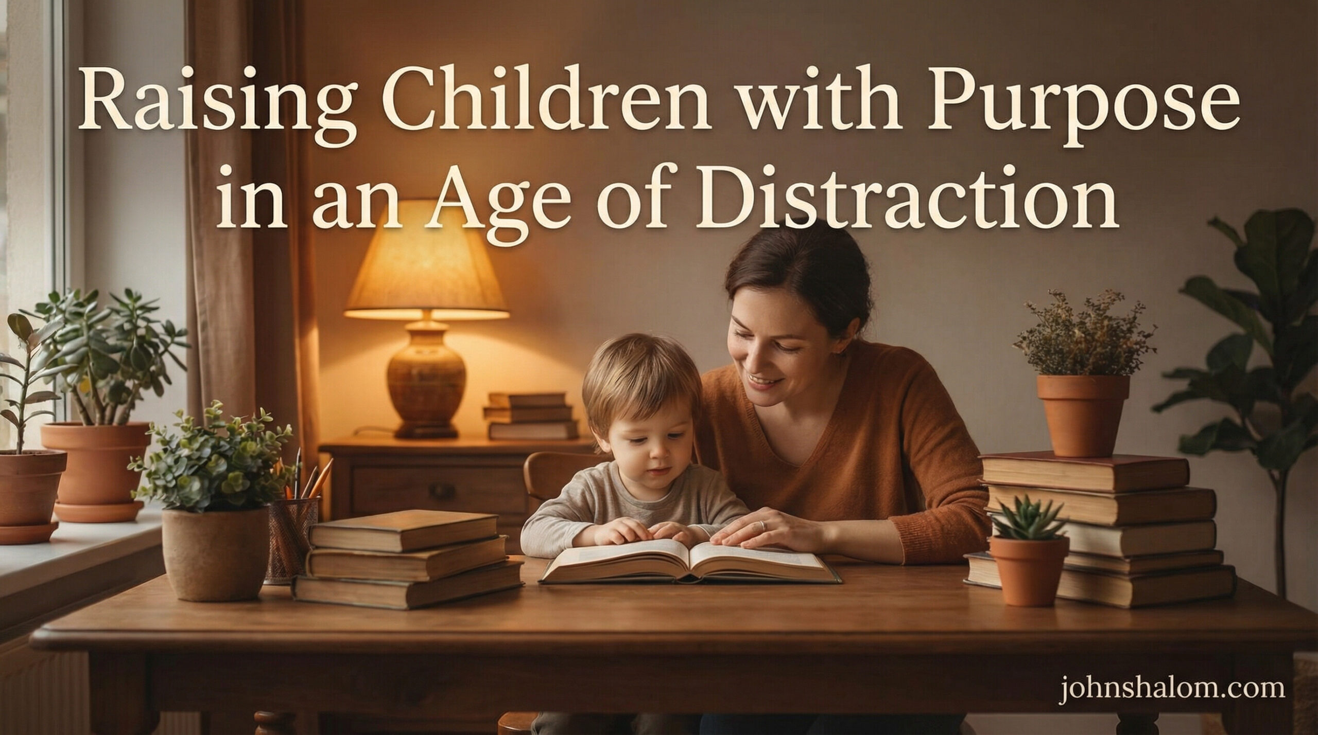 A warm family-focused scene with a parent guiding a child at a simple desk, surrounded by books and soft lighting, symbolizing raising children with purpose in a busy, distracted age. The image reflects intention, guidance, and meaningful parenting.