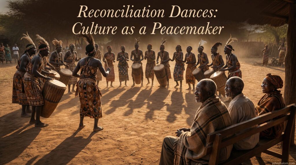Community members dance in a circle with drums and traditional attire, while elders watch and smile in approval.