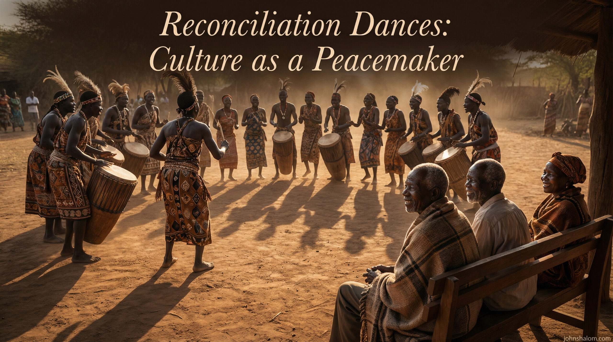 Community members dance in a circle with drums and traditional attire, while elders watch and smile in approval.