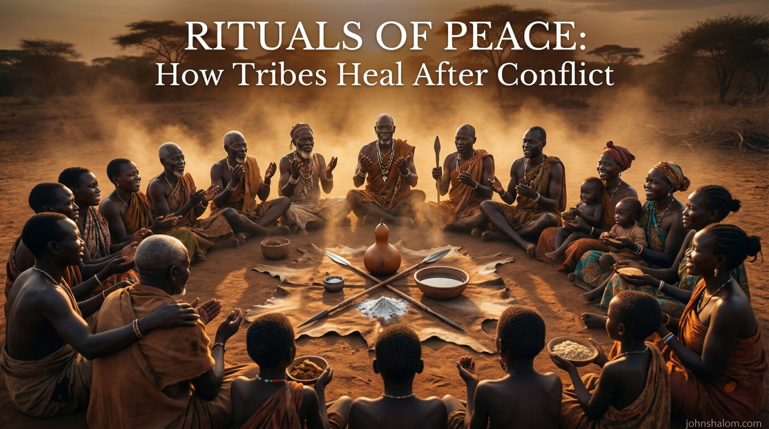 A symbolic community scene with elders and families gathered in a circle, traditional objects placed at the center, representing tribal rituals used to restore peace after conflict. The image reflects reconciliation, shared memory, and collective healing.