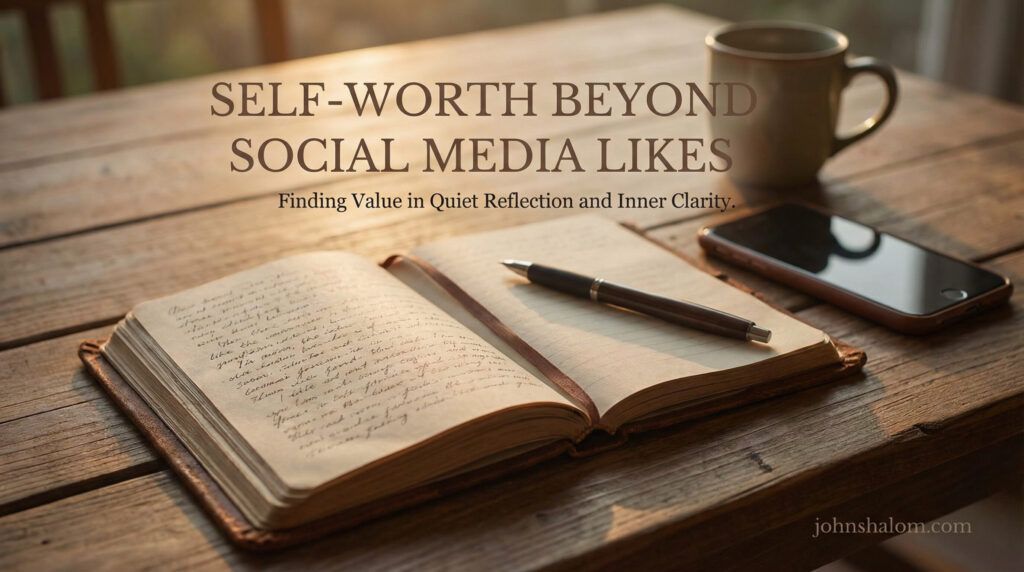 A quiet reflective scene with a phone placed face down beside a journal and pen, symbolizing self-worth that is grounded beyond social media validation. The image reflects inner clarity, restraint, and personal value.