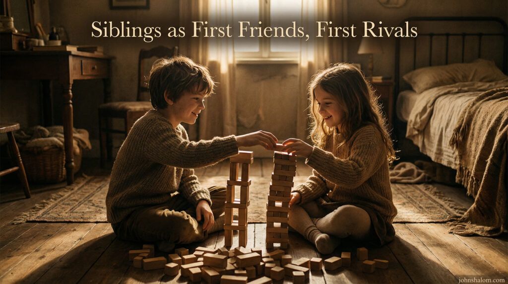 Two siblings sit on the floor building with blocks, smiling as they compete to stack higher while still helping each other.