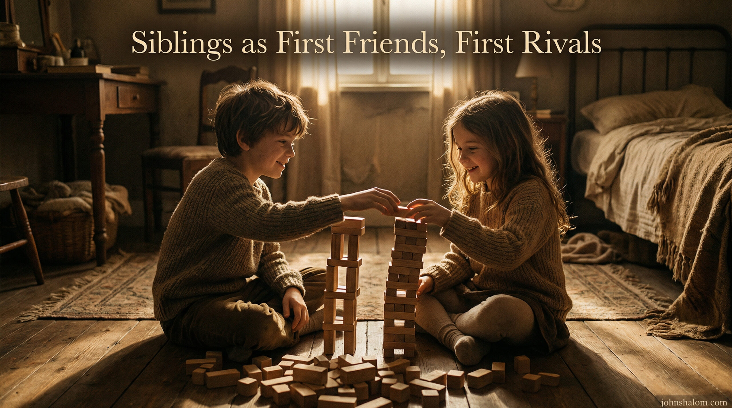 Two siblings sit on the floor building with blocks, smiling as they compete to stack higher while still helping each other.