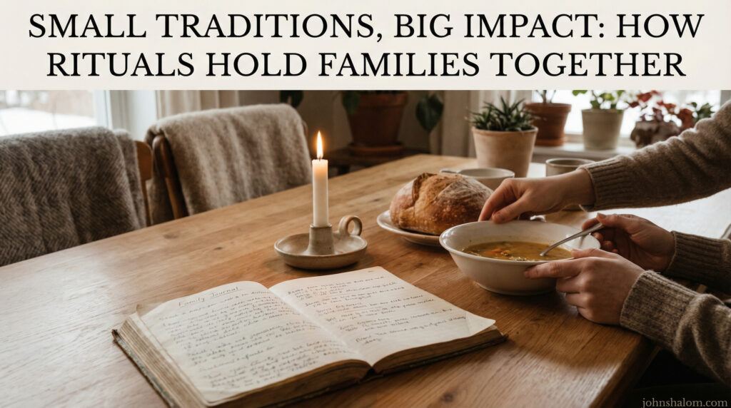 A warm family-centered scene with simple objects like a shared meal, a lit candle, or a family journal, symbolizing the small traditions and rituals that strengthen family bonds. The image reflects connection, stability, and shared meaning.