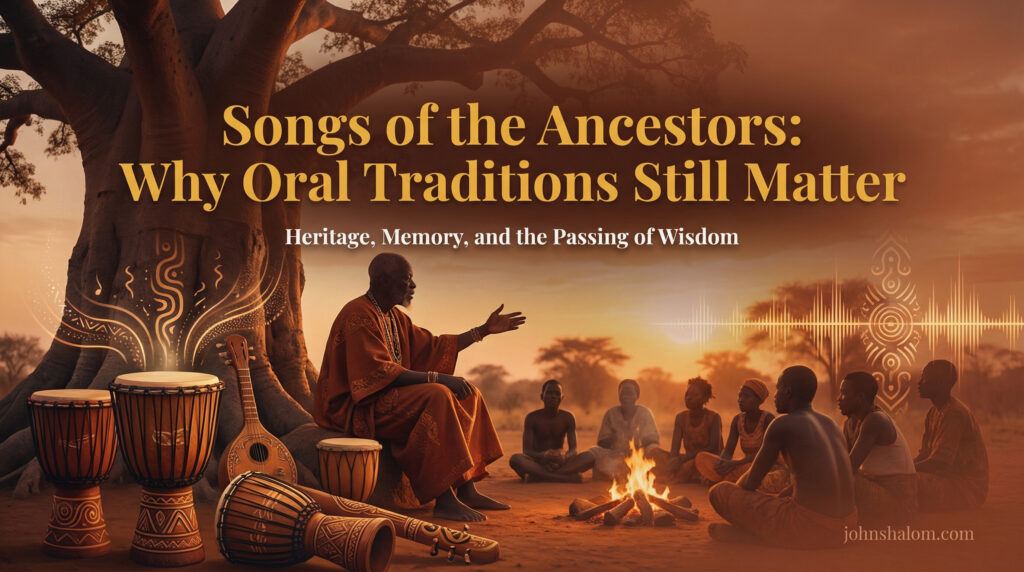 A cultural scene with traditional drums, storytelling symbols, and an elder’s silhouette, symbolizing the importance of oral traditions and ancestral songs. The image reflects heritage, memory, and the passing of wisdom.