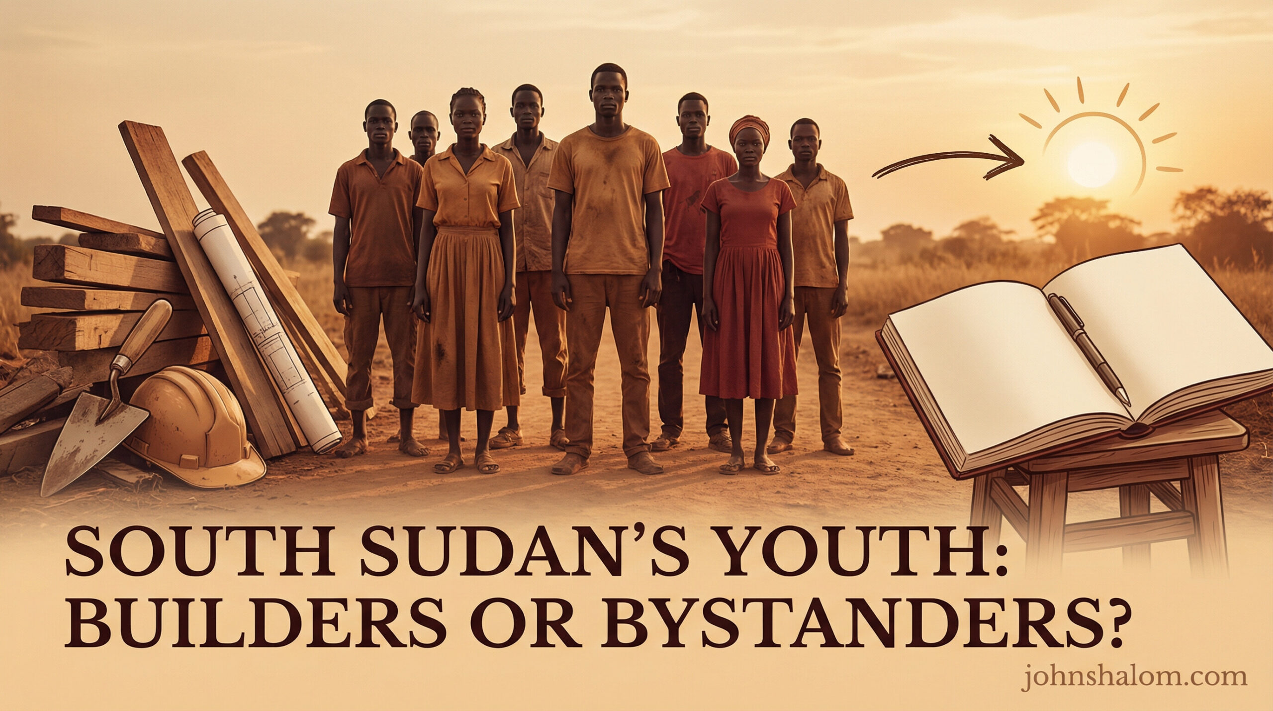 A symbolic scene with young people standing between construction tools and an open notebook, representing the choice facing South Sudan’s youth to become builders of their nation or passive bystanders. The image reflects potential, responsibility, and the call to action.