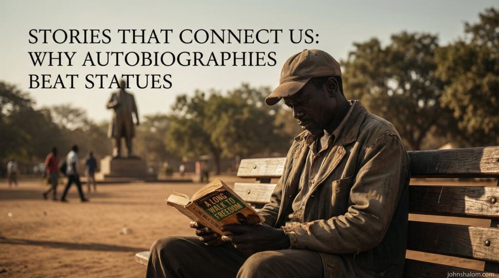 A person reads a well-worn autobiography on a bench while a large statue stands in the background, unnoticed.