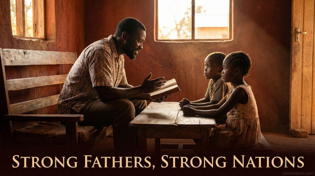 A calm family scene with a father guiding his children through conversation or shared activity at home, symbolizing the role of strong fathers in shaping stable families and strong nations. The image reflects responsibility, presence, and guidance.