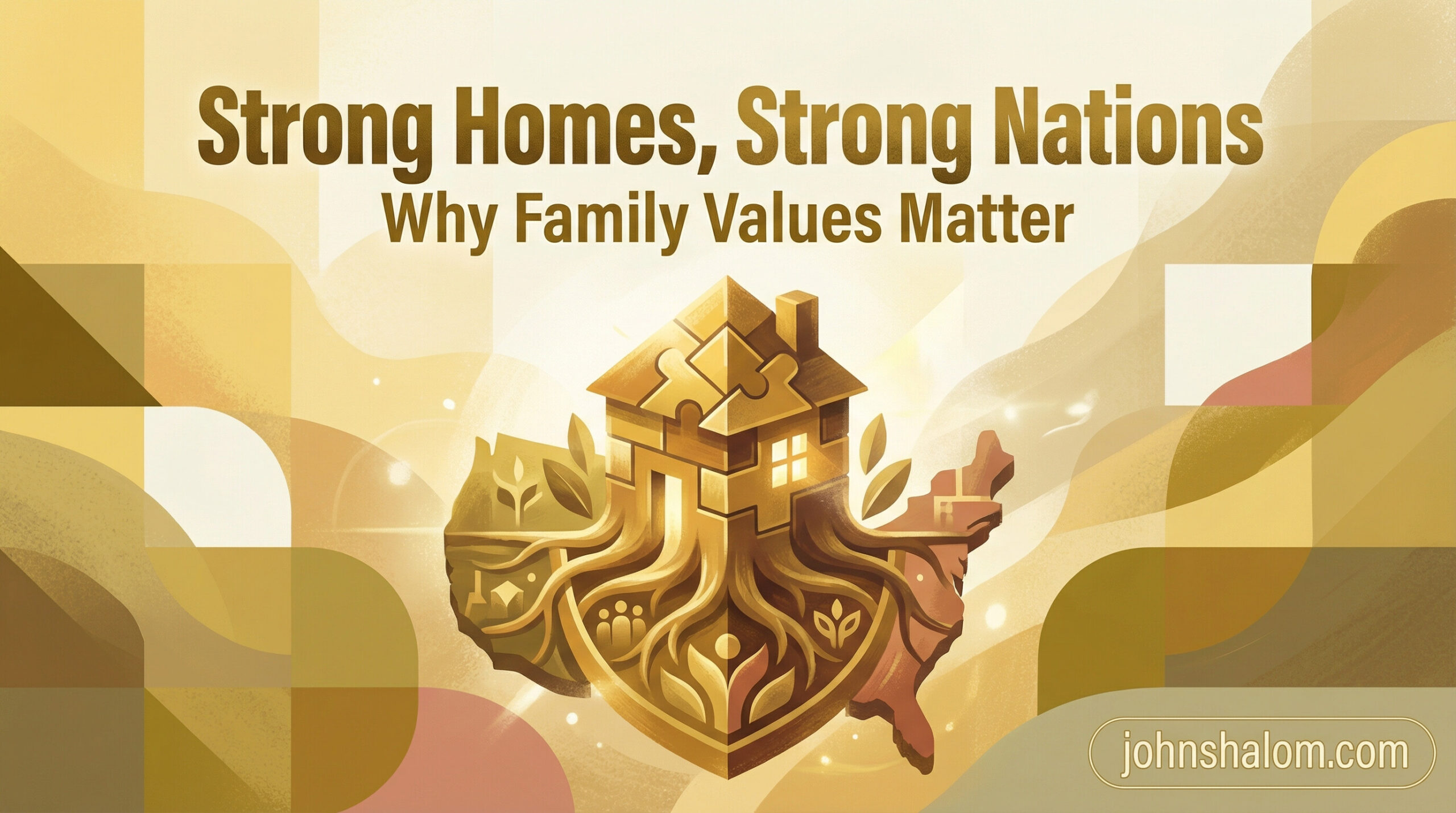 A warm family-centered scene with a home setting, symbolic objects like joined hands or a family silhouette, representing the idea that strong homes lay the foundation for strong nations. The scene reflects unity, stability, and shared values.
