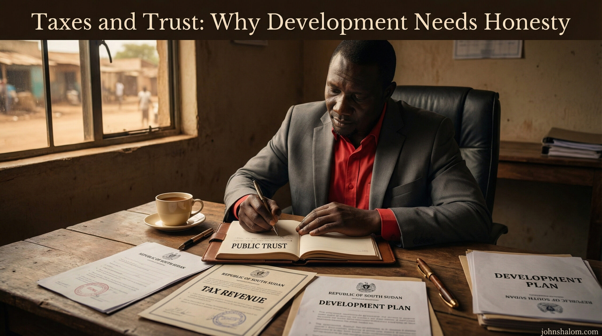 A civic-focused scene with official documents, a notebook labeled “public trust,” and a simple desk setting, symbolizing the link between taxes, honesty, and national development. The image reflects accountability, responsibility, and public service.