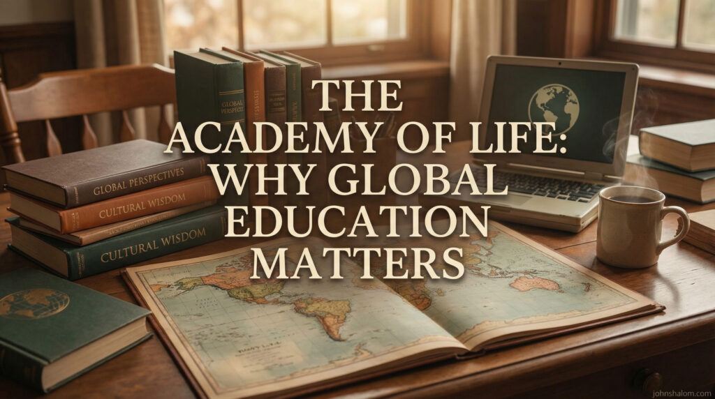 A global-themed workspace with a world map, open books, and a laptop, symbolizing the importance of worldwide learning and shared knowledge in the Academy of Life. The image reflects curiosity, connection, and lifelong education.