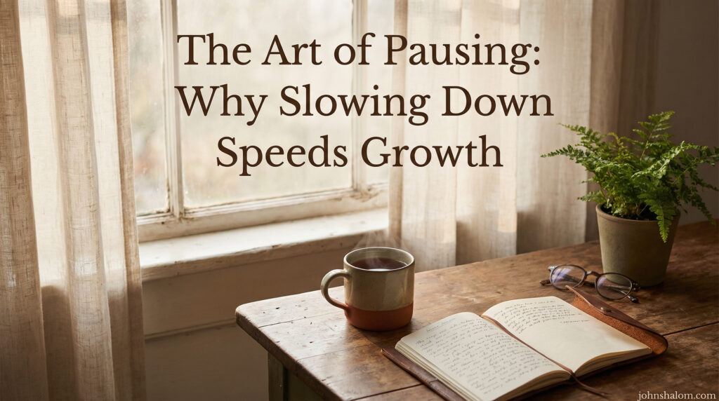 A calm reflective scene with a journal, a cup of tea, and soft natural light near a window, symbolizing the art of pausing and how slowing down can lead to deeper growth. The image reflects stillness, awareness, and gentle reset.