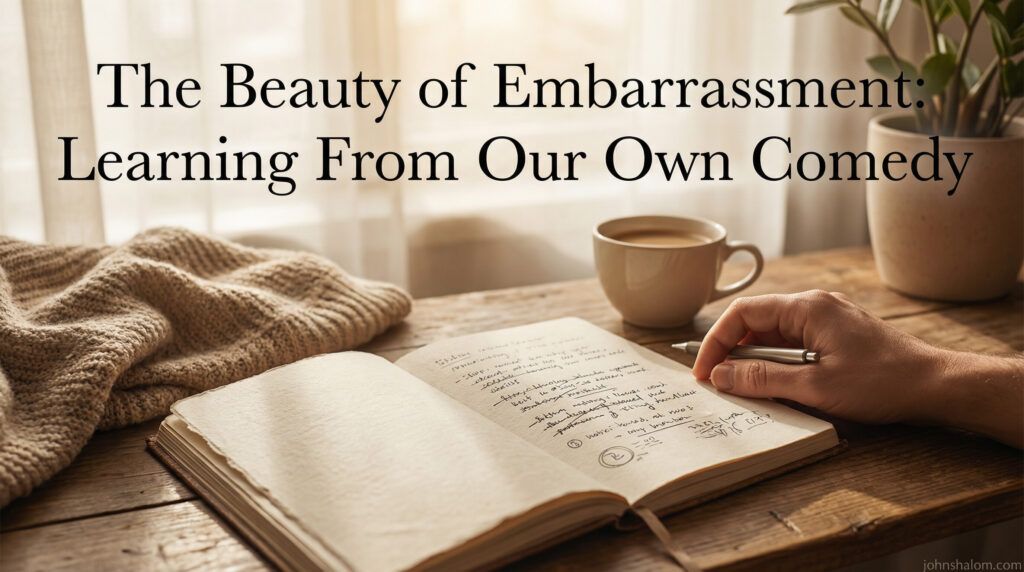 A lighthearted reflective scene with a notebook, crossed-out notes, and a soft smile implied through casual surroundings, symbolizing learning from embarrassment and finding humor in personal mistakes. The image reflects humility, growth, and self-acceptance.