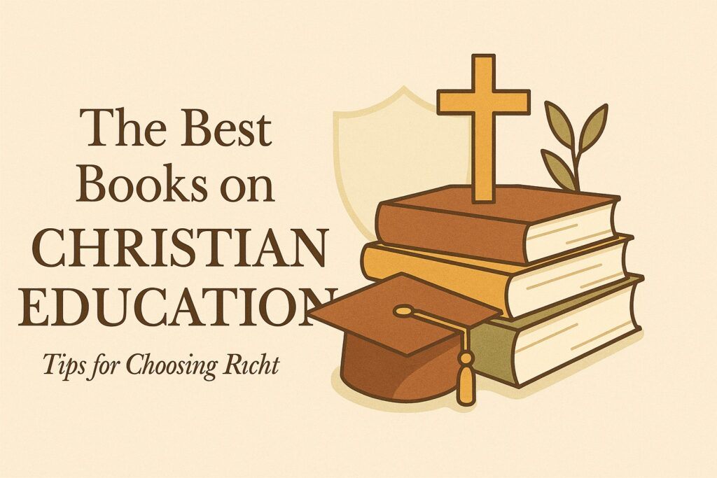 A stack of Christian education books beside a cross and an apple on a teacher’s desk