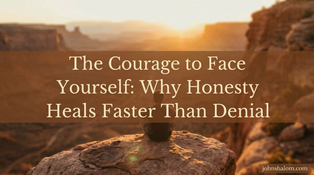 A quiet reflective scene with a journal, soft lighting, and a person’s hands resting over an open page, symbolizing the courage to face oneself with honesty instead of denial. The image reflects vulnerability, truth, and emotional healing.