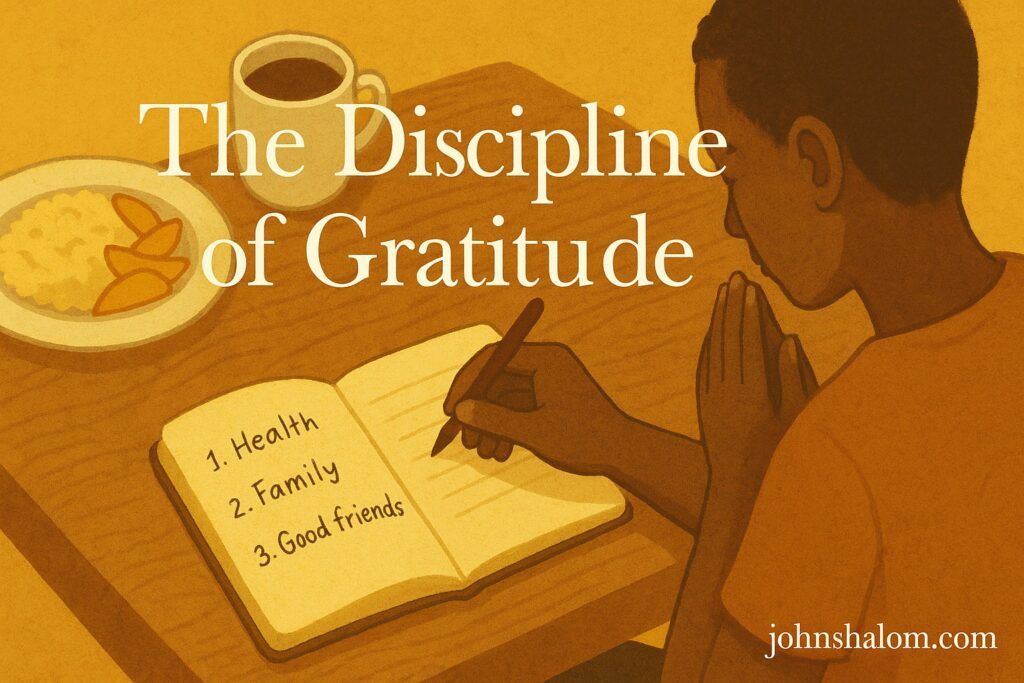 A person writes three gratitude notes in a journal beside a simple meal, pausing before eating.
