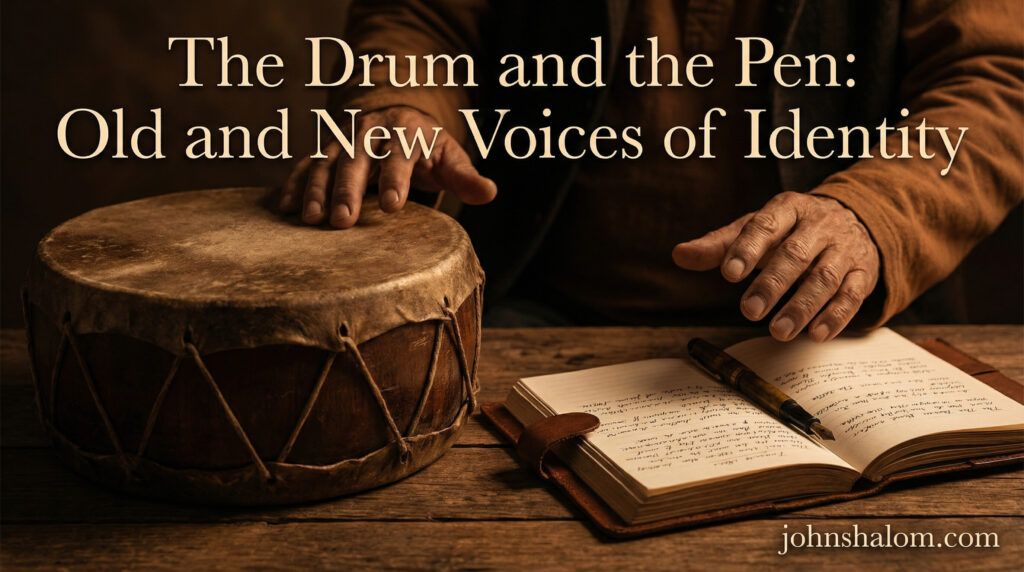 A traditional drum rests beside an open notebook and pen, with hands hovering over both as if choosing how to speak.