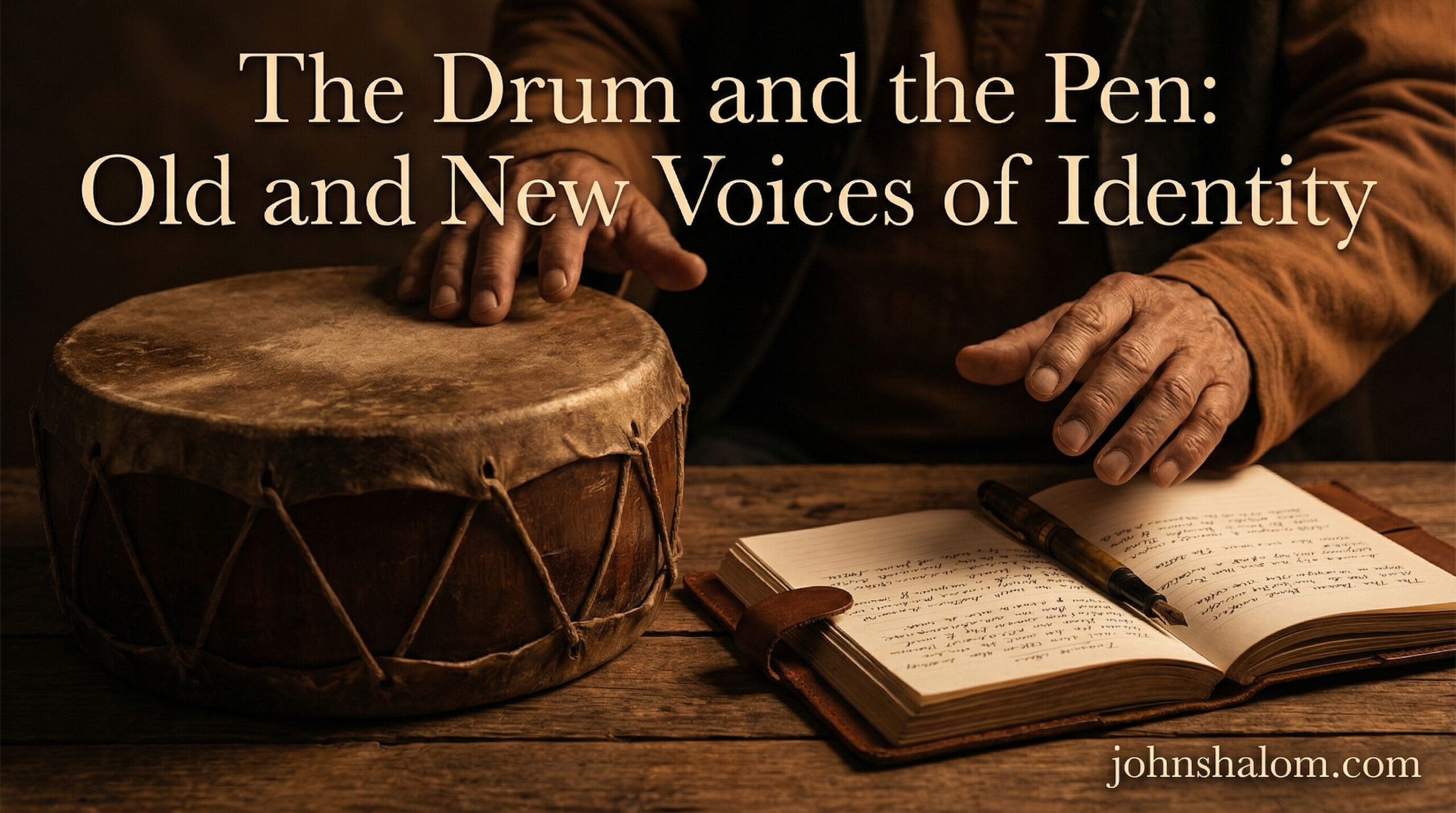 A traditional drum rests beside an open notebook and pen, with hands hovering over both as if choosing how to speak.