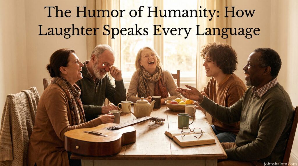 A joyful scene with people laughing together, surrounded by simple everyday objects, symbolizing how humor connects humans across cultures and languages. The image reflects unity, warmth, and shared emotion.