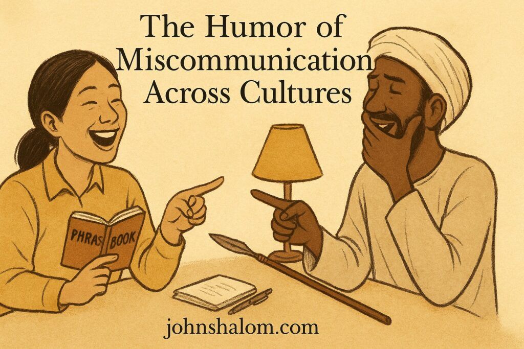 Two people from different cultures laugh after misunderstanding each other, pointing at a phrasebook and then at the same object.