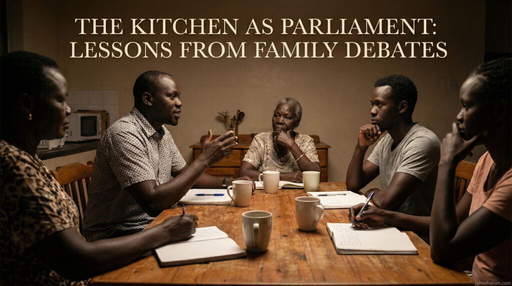 A family kitchen scene with people seated around a table in discussion, notebooks and cups nearby, symbolizing the kitchen as a place where family debates shape values, voice, and shared decisions. The image reflects dialogue, listening, and everyday democracy.