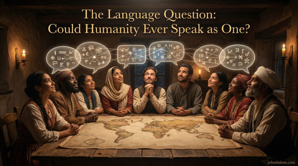A symbolic scene with diverse people connected by speech bubbles over a world map, representing the question of whether humanity could ever share one common language. The image reflects communication, diversity, and shared human longing.