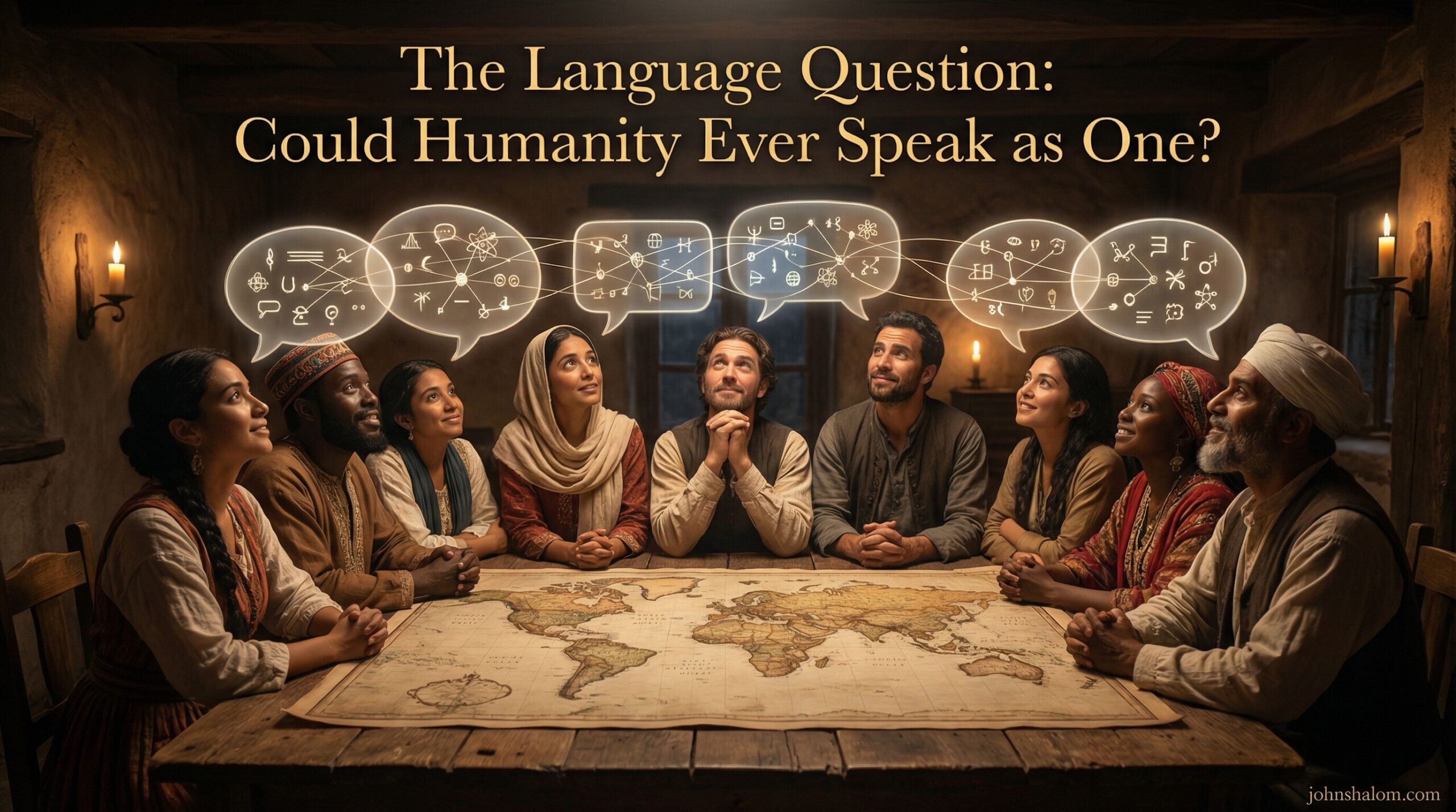 A symbolic scene with diverse people connected by speech bubbles over a world map, representing the question of whether humanity could ever share one common language. The image reflects communication, diversity, and shared human longing.