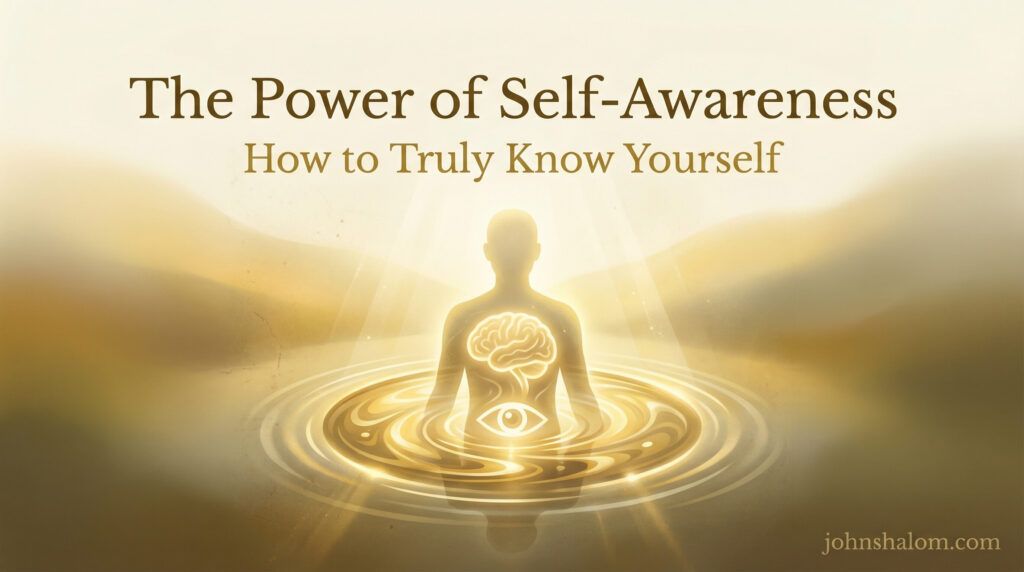 A quiet reflective workspace with a journal, pen, warm light, and a calm background, symbolizing the journey of developing self-awareness and learning to understand yourself deeply.