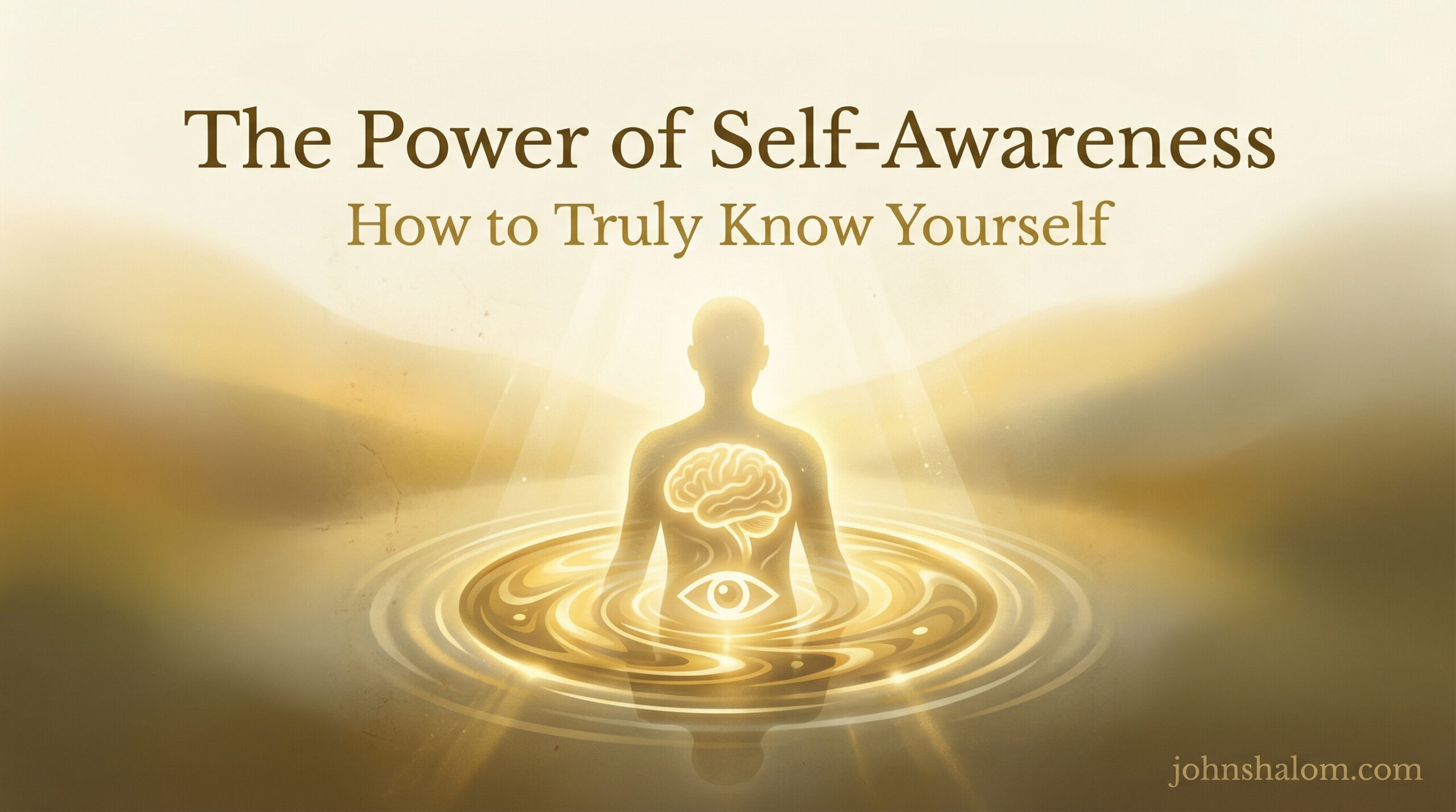 A quiet reflective workspace with a journal, pen, warm light, and a calm background, symbolizing the journey of developing self-awareness and learning to understand yourself deeply.