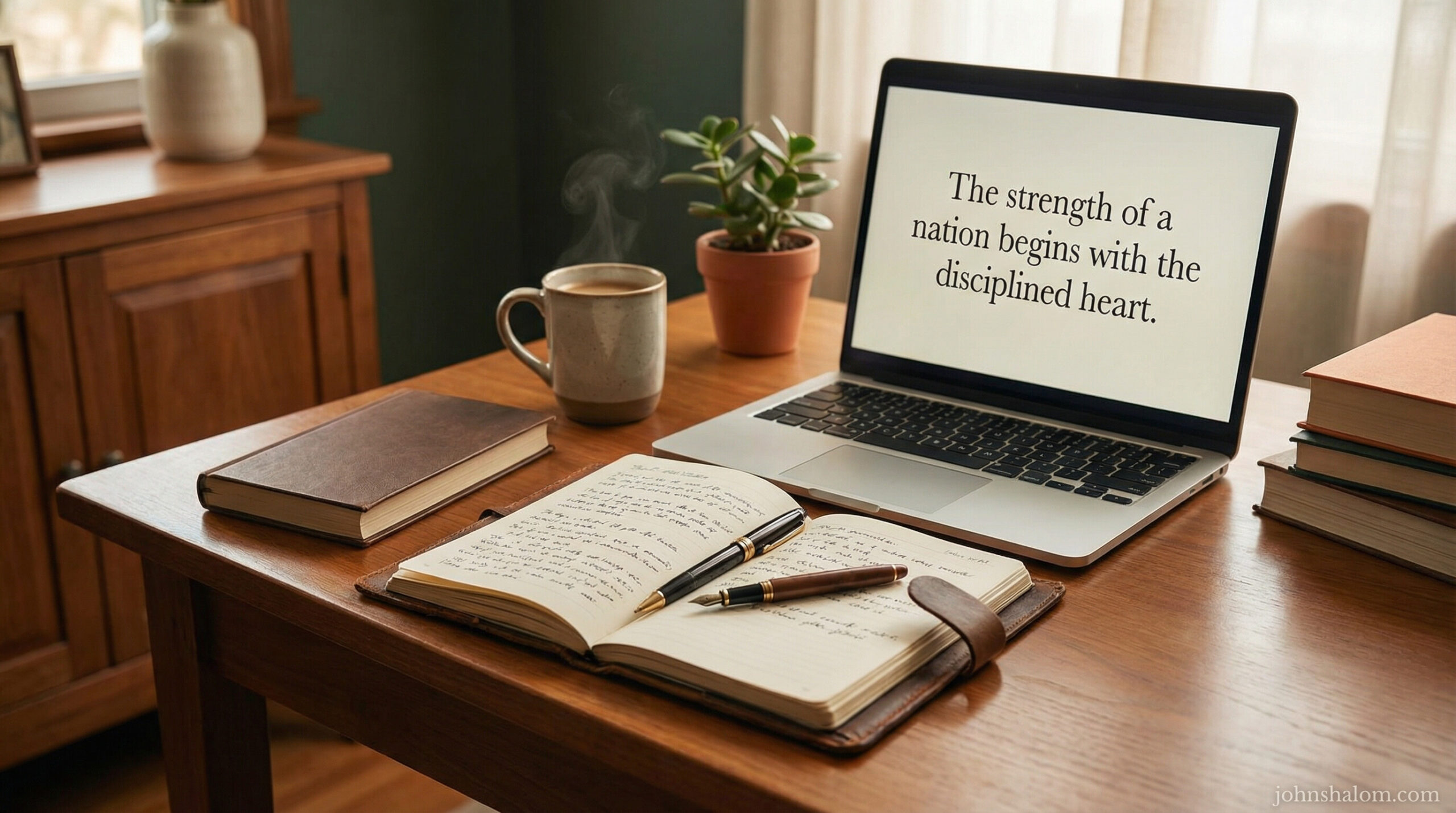 A thoughtful workspace with a journal, a pen, and a laptop displaying a quote on self-discipline, symbolizing how personal responsibility influences the strength and direction of a nation. The scene reflects intention, character, and individual growth.