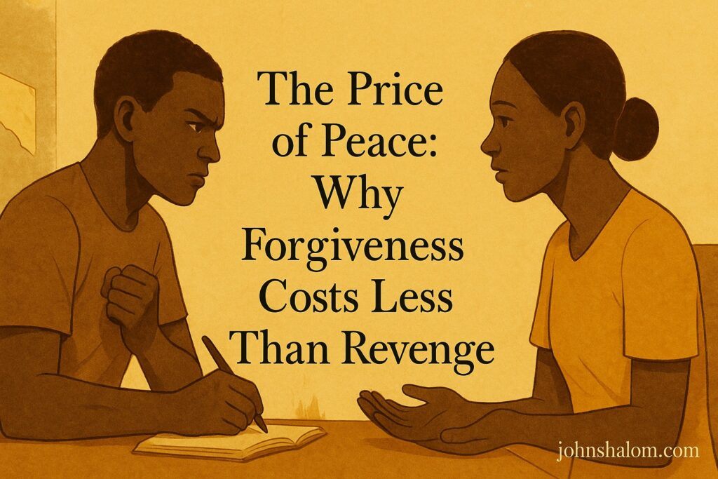 Two people stand facing each other after a conflict, one lowering a clenched fist while the other opens a hand in peace.