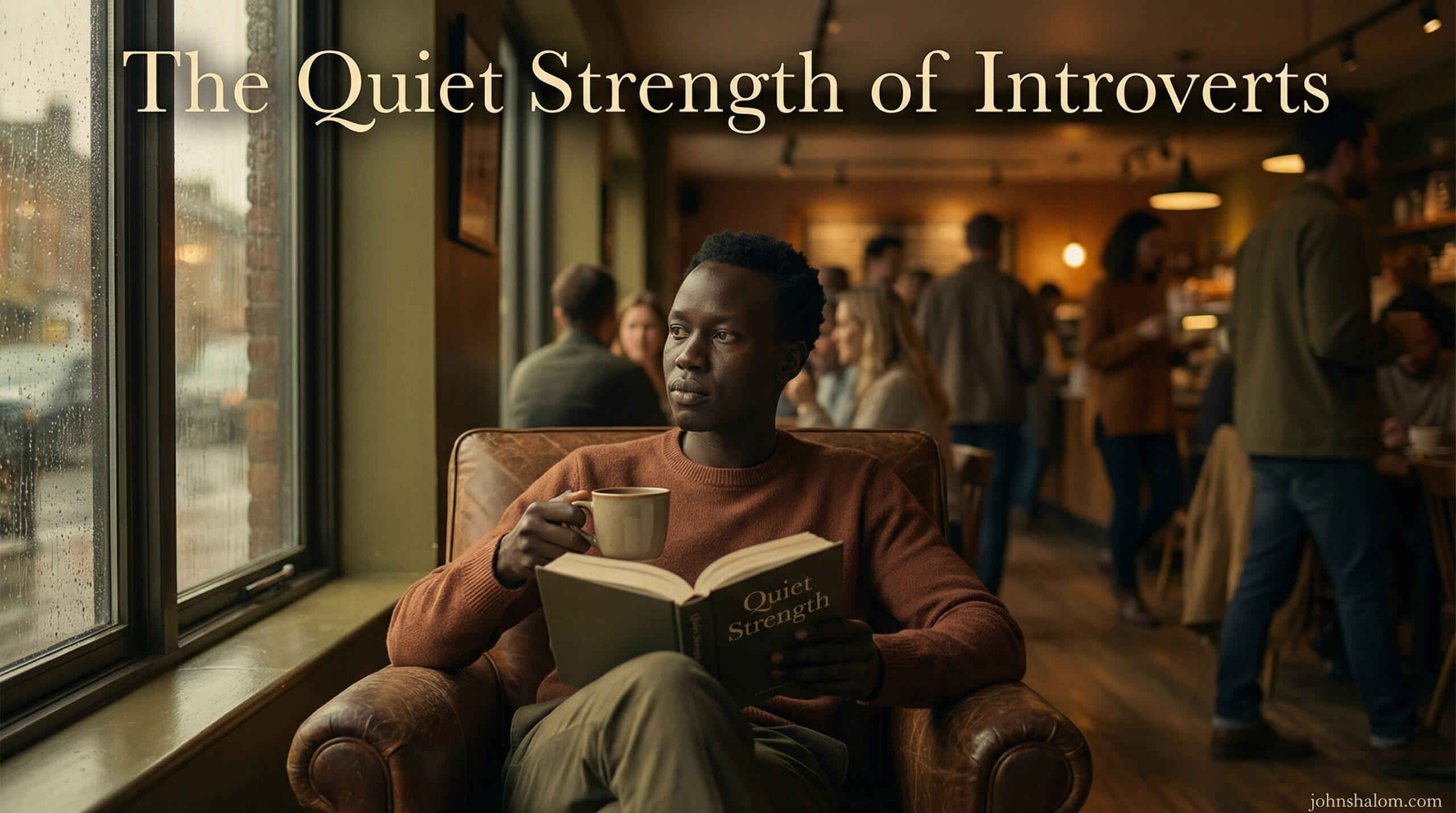 An introverted person sits by a window with a book and a cup of tea, calm and focused while a busy room continues in the background.