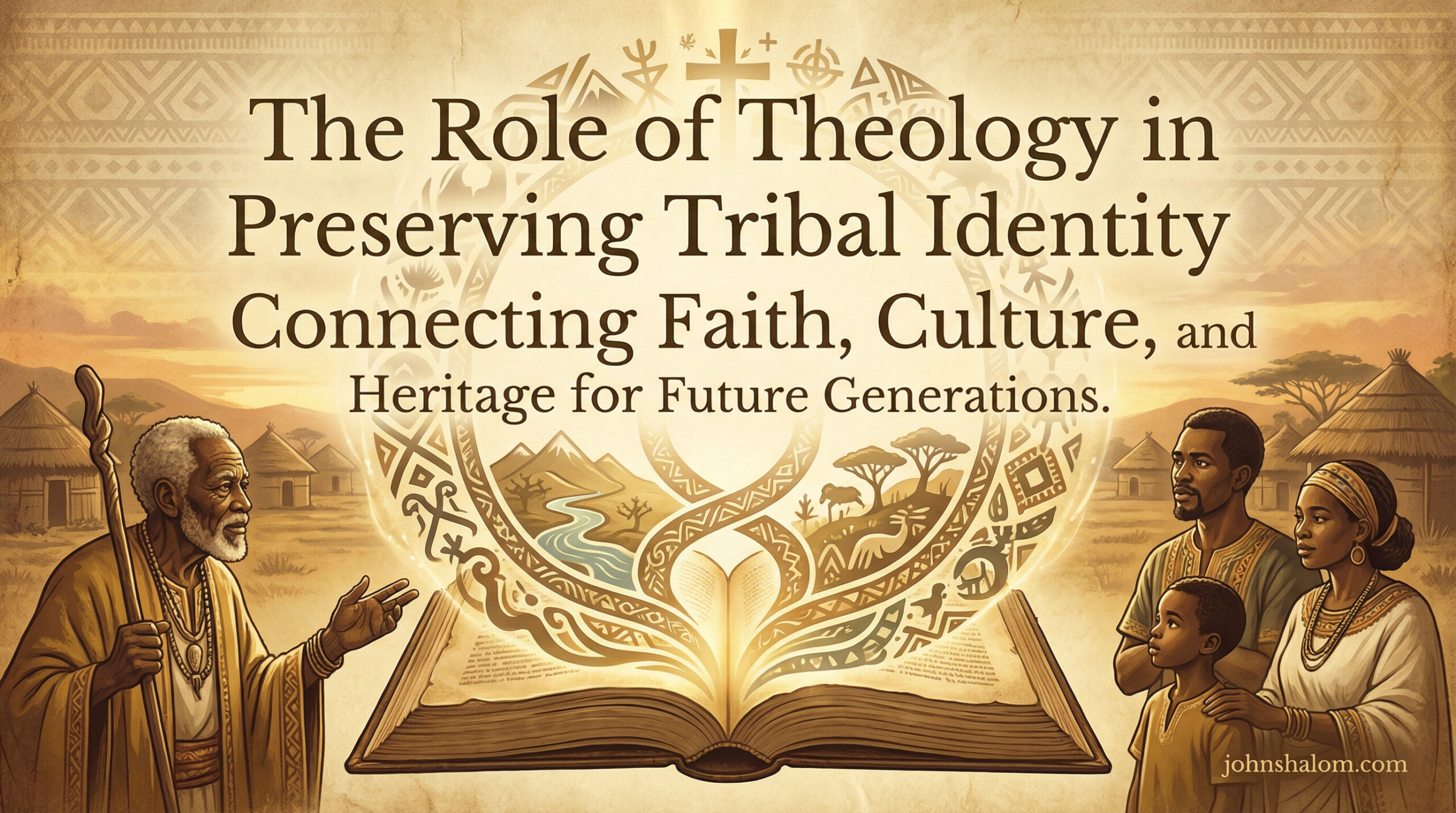 A thoughtful workspace with a Bible, traditional cultural symbols, and a notebook, symbolizing the connection between theology and the preservation of tribal identity. The scene reflects heritage, faith, and reflective study.