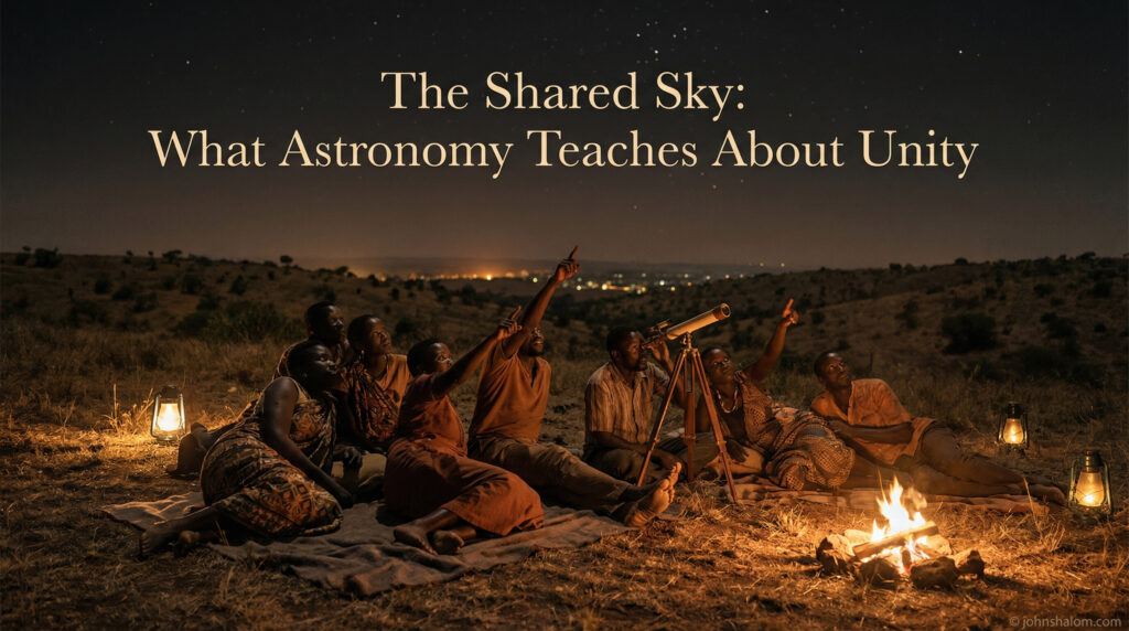 A group of people from different backgrounds lie on a hill at night, pointing at the same stars through a small telescope.