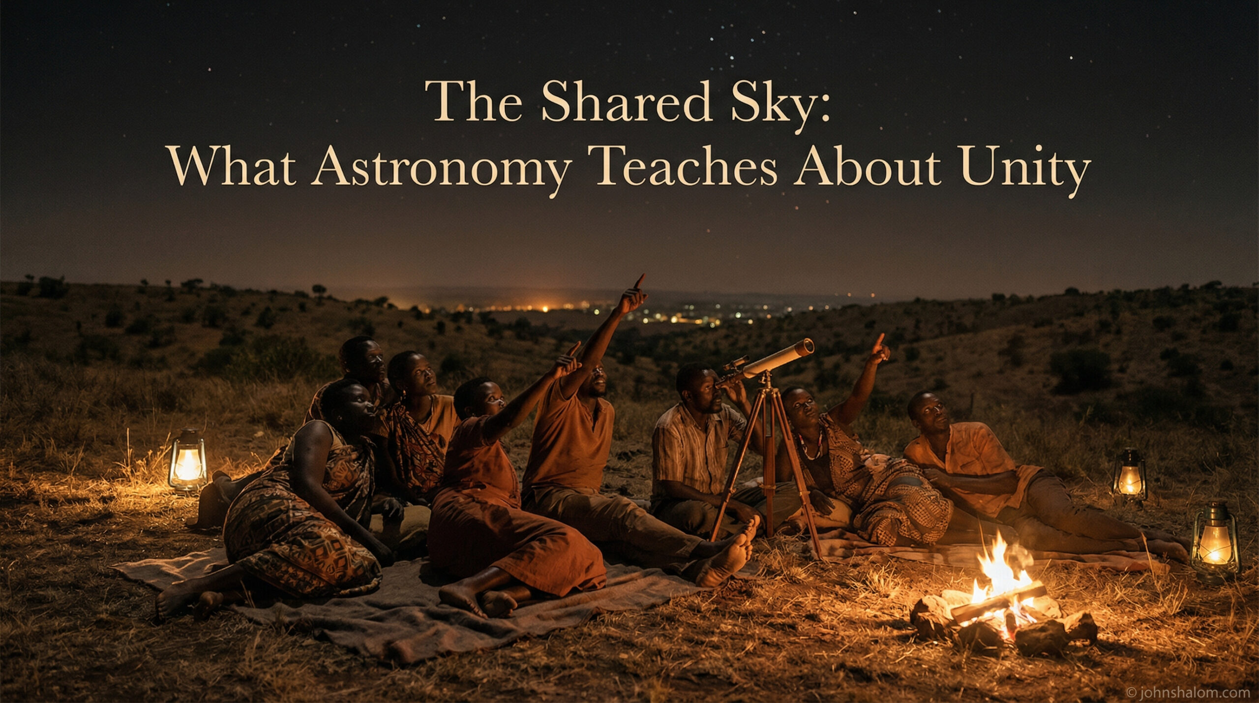 A group of people from different backgrounds lie on a hill at night, pointing at the same stars through a small telescope.